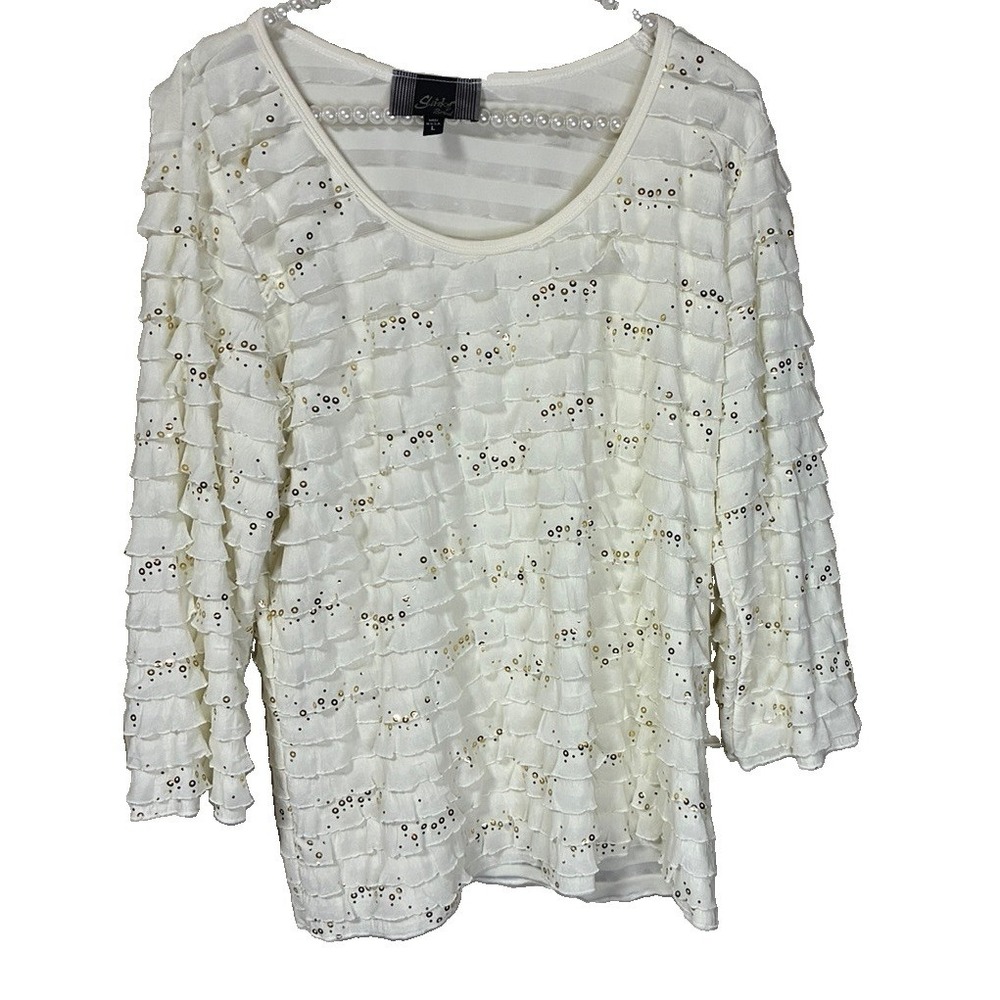Slinky Brand Ivory White Tiered Ruffle Sequin Top Blouse 3/4 Sleeve USA Made L